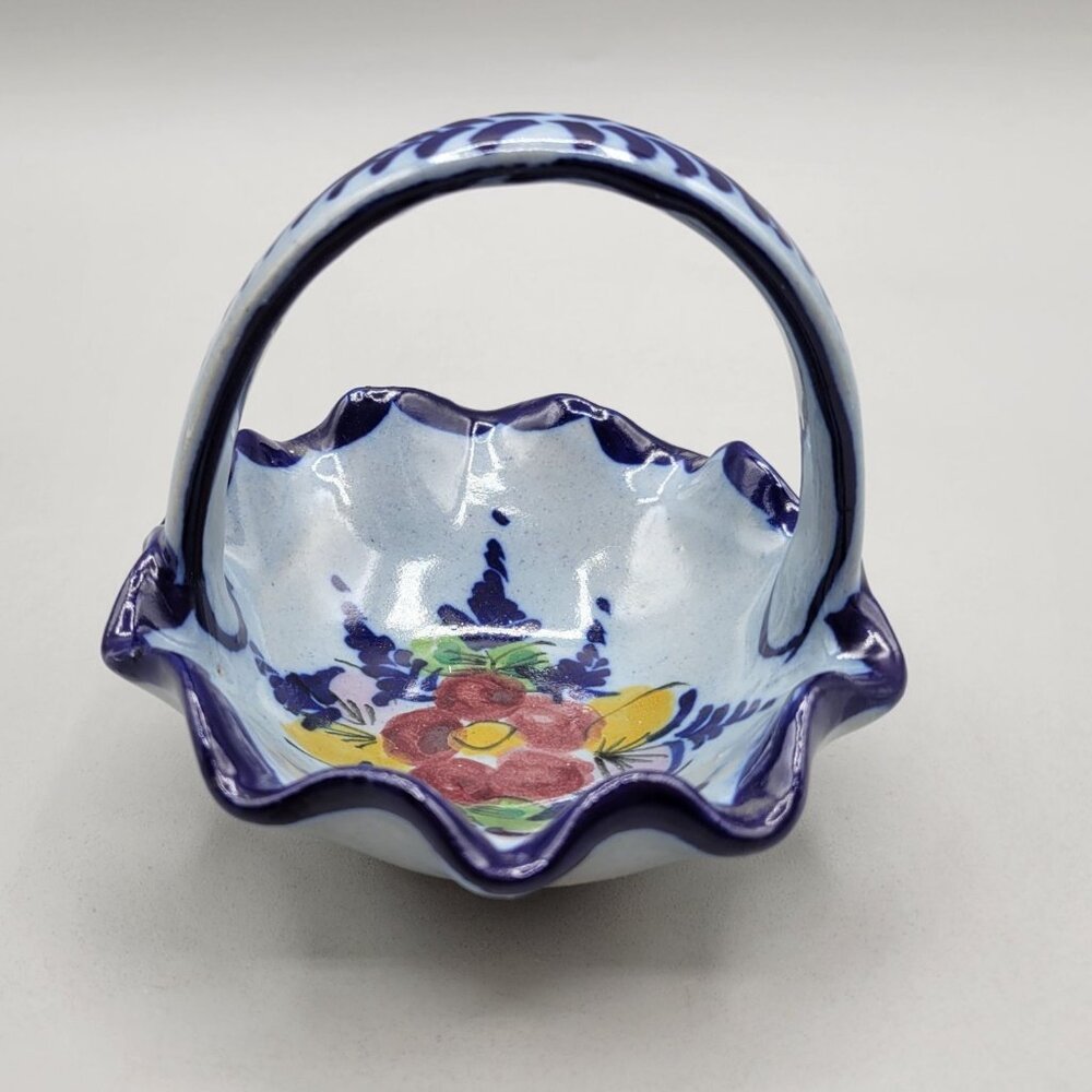 Hand Painted Portugal Ceramic Basket With Ruffled Edge Floral Design
